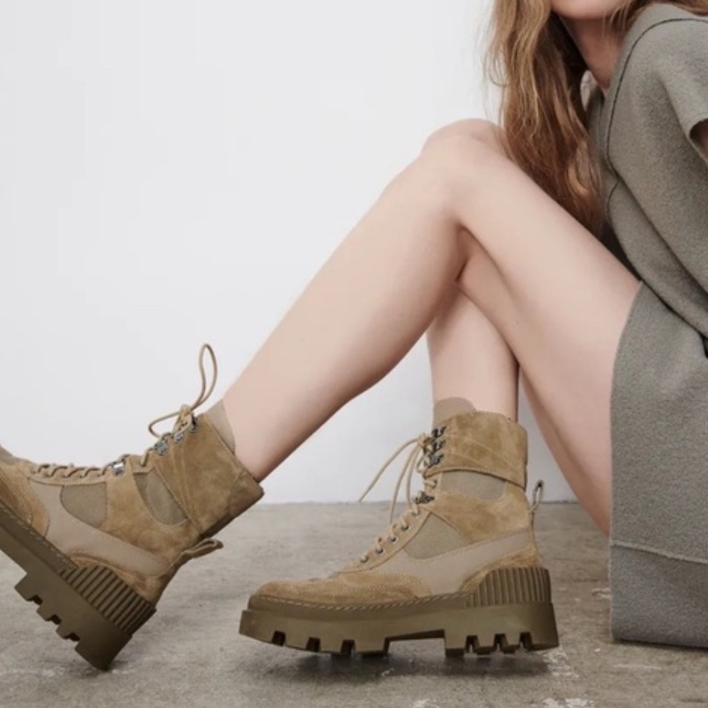 ZARA lace up low heel combat boot